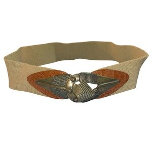 Vintage Omega Stretchy Beige and Brown Belt with Decorative Arrow Buckle